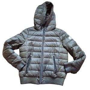 DKNY Green Puffer Jacket with Hood and Quilted Design